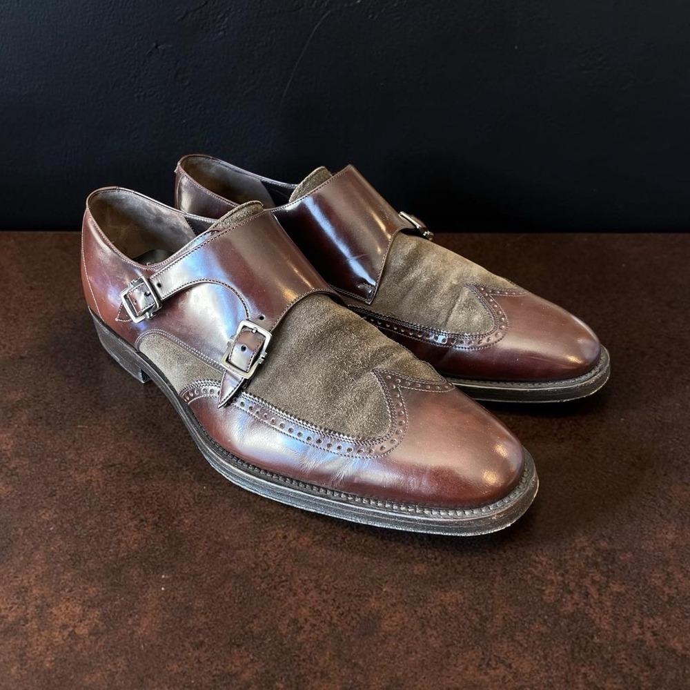 Mens 10 EE SALVATORE FERRAGAMO Monk-Strap Shoes Brown Suede Leather Wing Tip